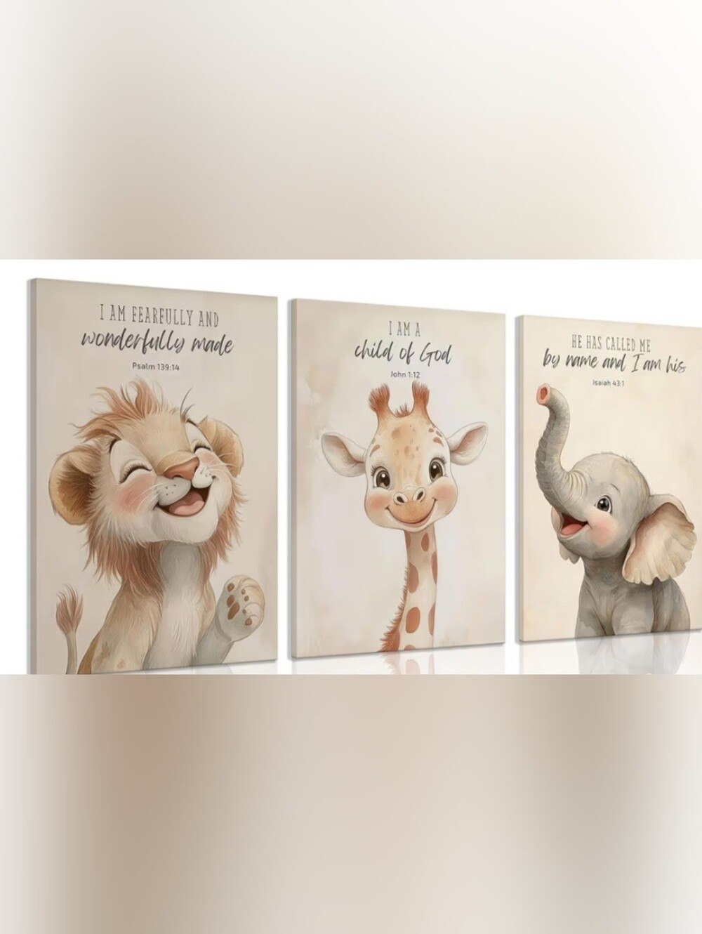 Neutral Safari Animal Trio Wall Art - Lion, Giraffe & Elephant Nursery Set